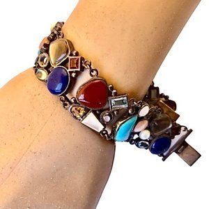 Sterling Silver Vintage Bracelet Multi-Color Mixed Gemstones FLAWS as is